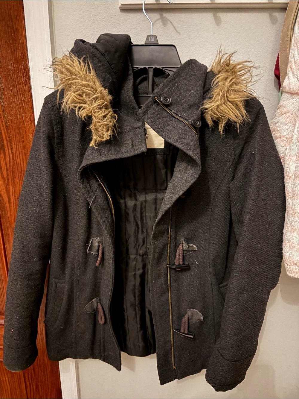 Women's Black Hooded Toggle Coat with Faux Fur Trim